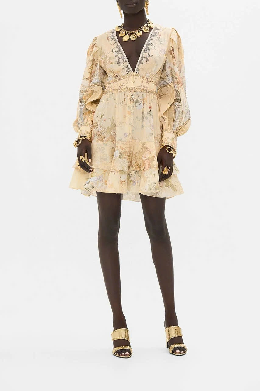 Đầm ngắn tiểu thư tay dài vàng siêu đẹp 6082