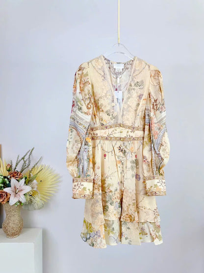 Đầm ngắn tiểu thư tay dài vàng siêu đẹp 6082