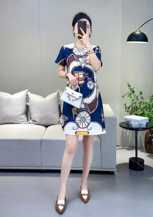 Đầm suông hoạ tiết cỗ xe ngựa màu xanh trắng 6981