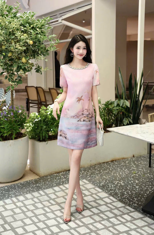 Đầm suông cổ viền đính đá màu hồng 6990