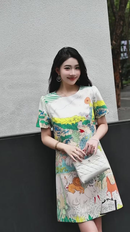 Đầm suông hoạ tiết trắng vàng 6707