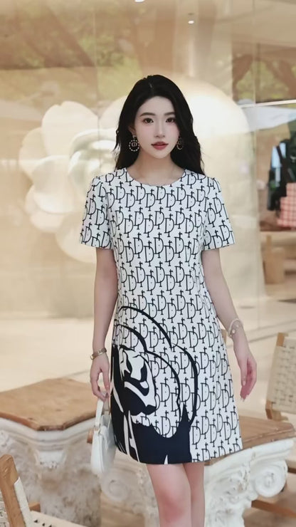 Đầm suông lụa CD Trắng Xanh than 6711