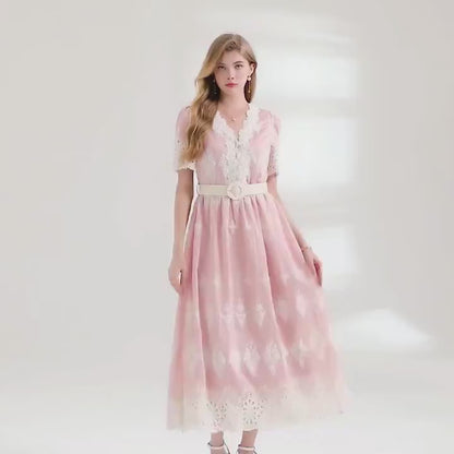 Đầm lụa phối ren kèm belt màu hồng 6744