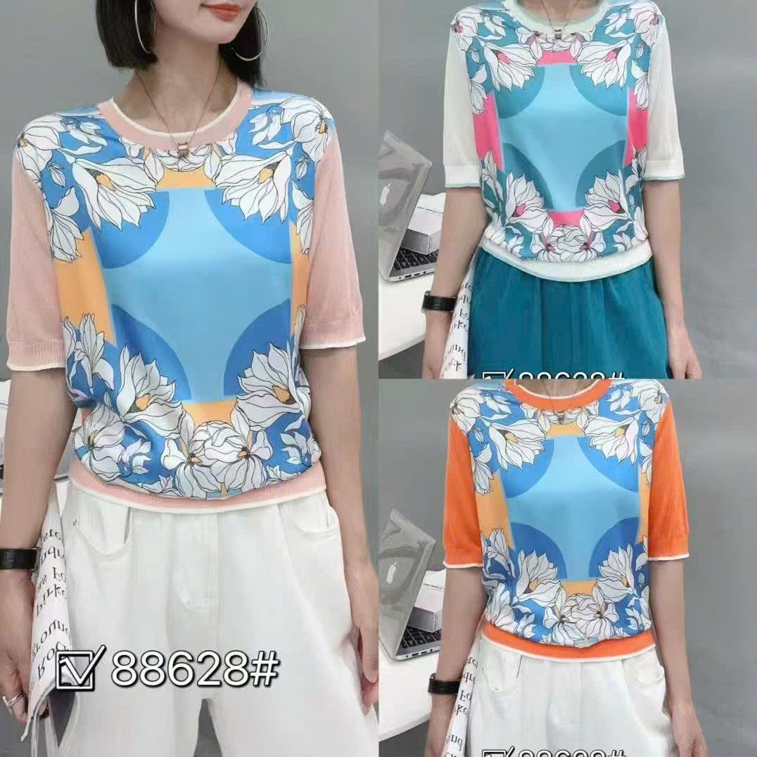 Áo Montoghi CD  phối lụa họa tiết hoa 4 góc Màu Trắng 9133