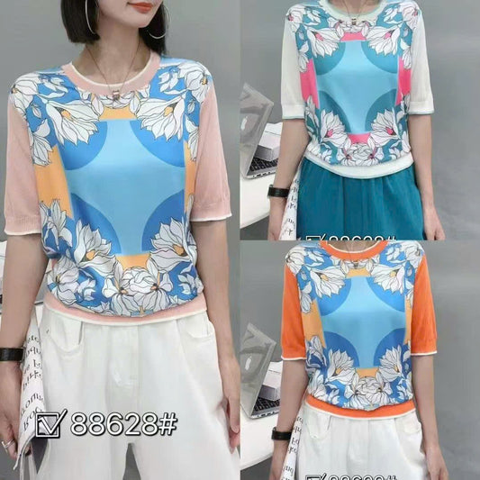 Áo Montoghi CD  phối lụa họa tiết hoa 4 góc Màu Hồng 9135
