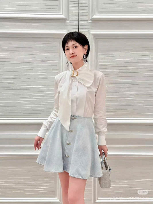 Áo sơ mi CD cổ nơ Màu Trắng 9572