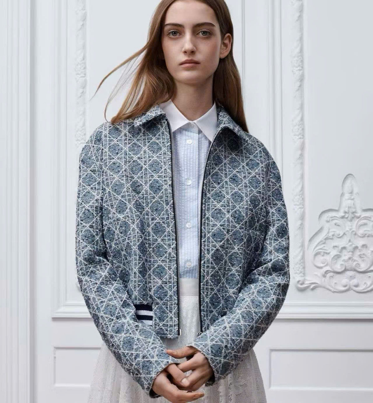 Áo khoác CD dây kéo cổ bẻ dạ tweed Màu Xanh 9652
