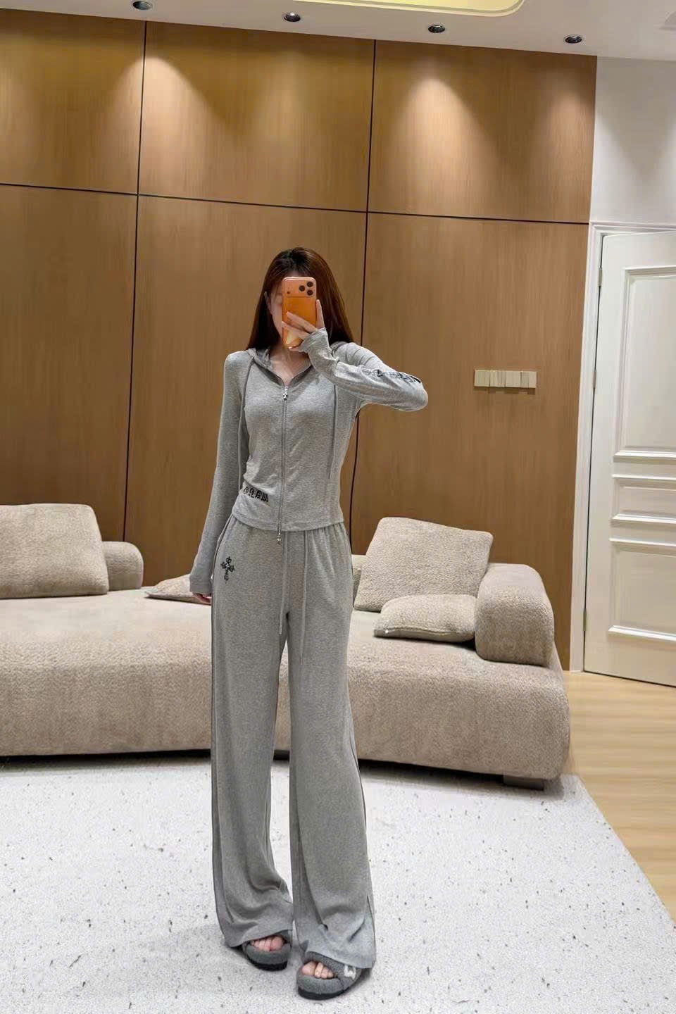 Set thun Chrome quần dài suông áo khóa kéo có nón Màu Đen 9567