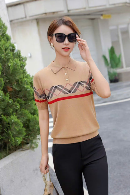 Áo Bb cổ bẻ sọc đỏ 19269 vải len mềm đẹp Màu Nâu 9198