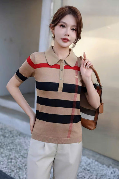 Áo Bb cổ bẻ vạc bầu sọc đen đỏ 19073 vải len mềm đẹp Màu Nâu 9200
