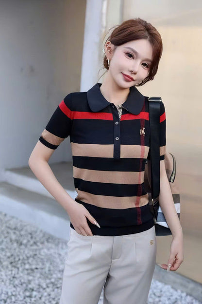 Áo Bb cổ bẻ vạc bầu sọc đen đỏ 19073 vải len mềm đẹp Màu Nâu 9200