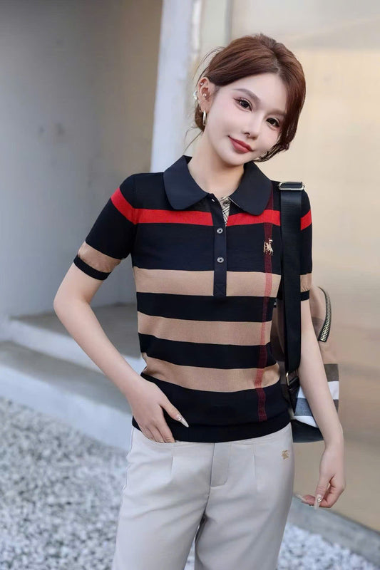 Áo Bb cổ bẻ vạc bầu sọc nâu đỏ 19073 vải len mềm đẹp Màu Đen 9199