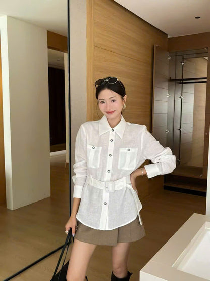 Áo sơ mi CC cổ bẻ kèo belt nút logo cc Màu Xanh Than 9653