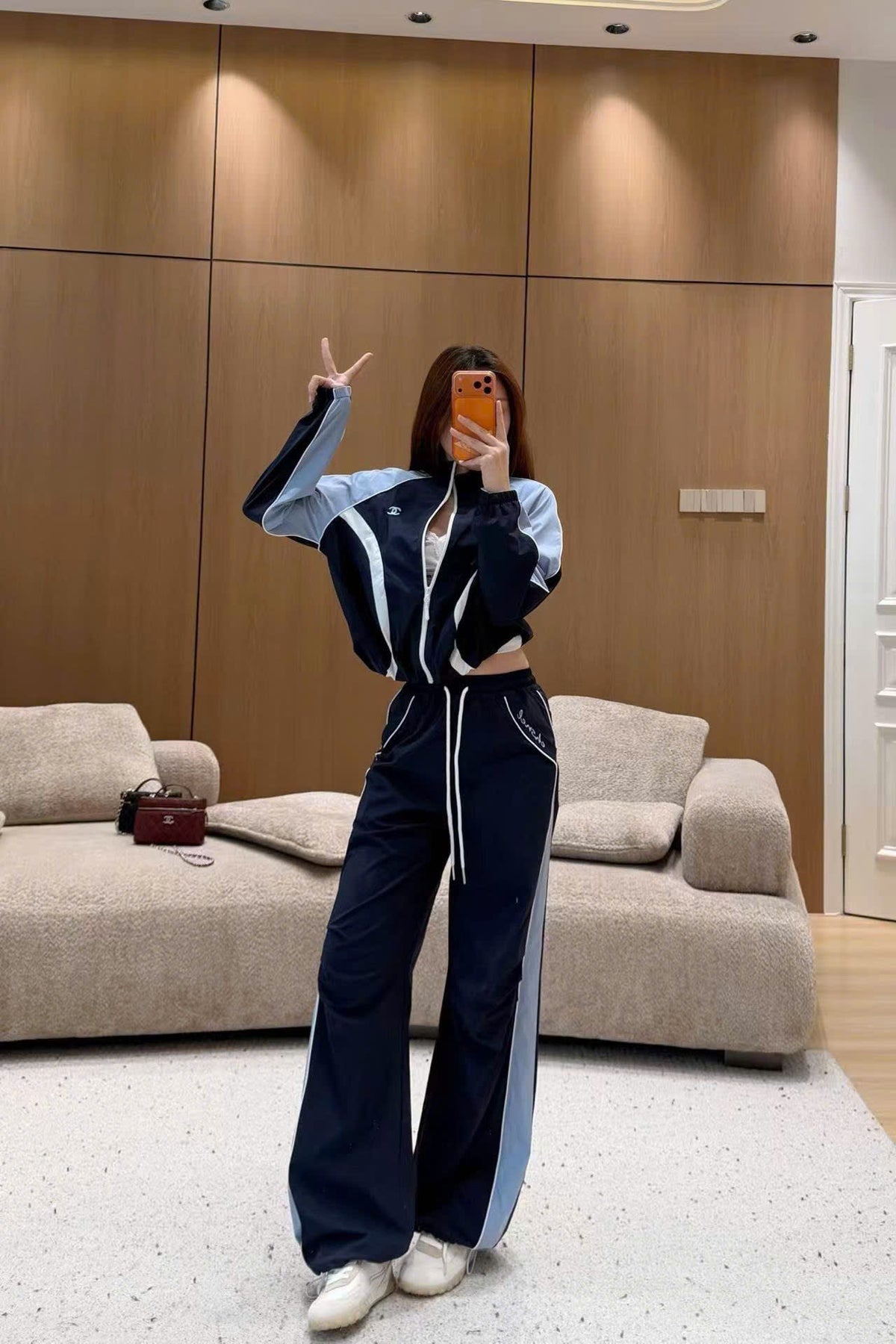 Set thể thao CC quần dài suông áo khóa kéo cổ cao Màu Xanh 9574