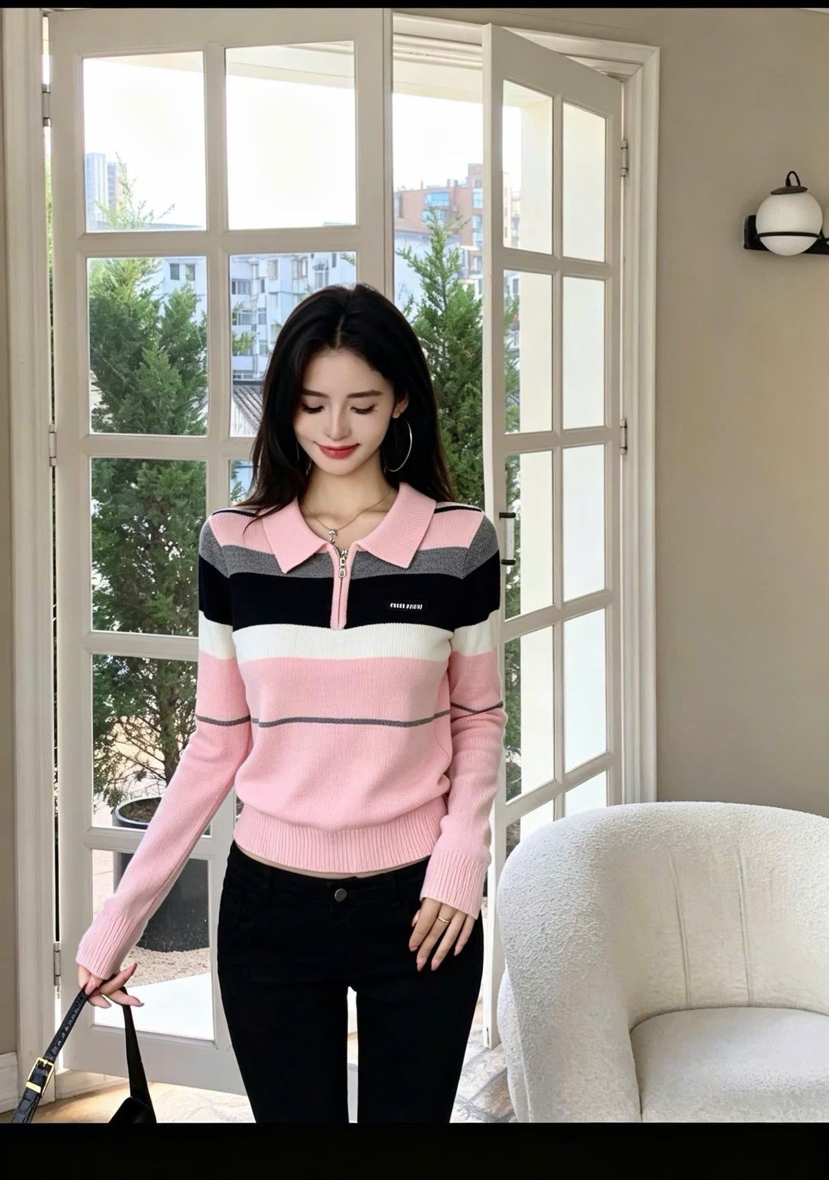 Áo len Miu F6341 sọc ngang cổ bẻ dây kéo Màu Hồng 9317