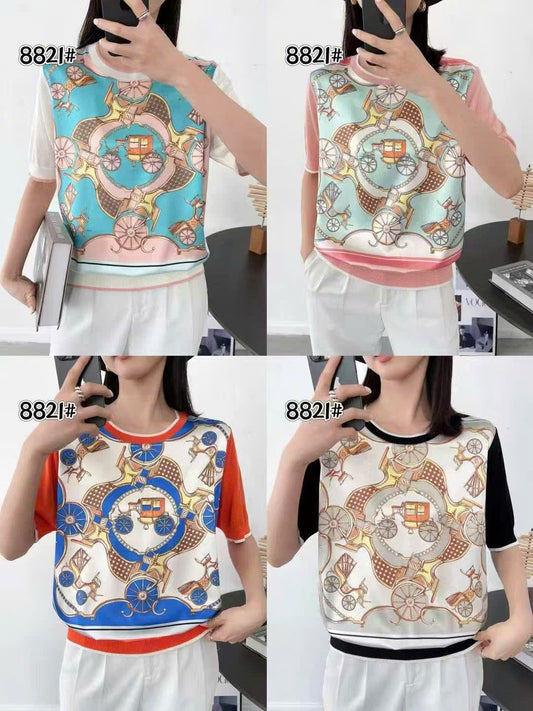 Áo Montoghi HM phối lụa họa tiết xe kéo Màu Cam 9153