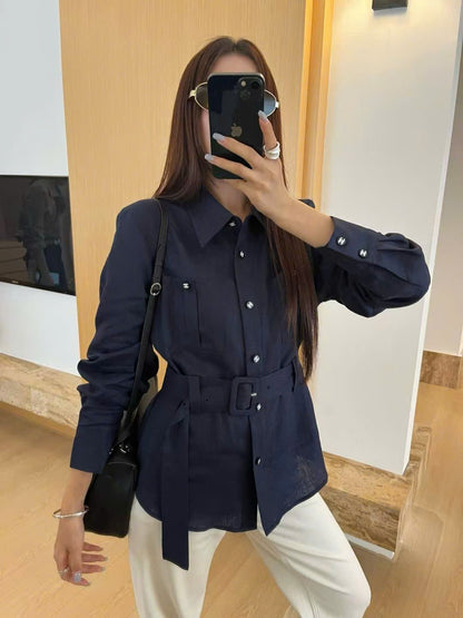 Áo sơ mi CC cổ bẻ kèo belt nút logo cc Màu Xanh Than 9653